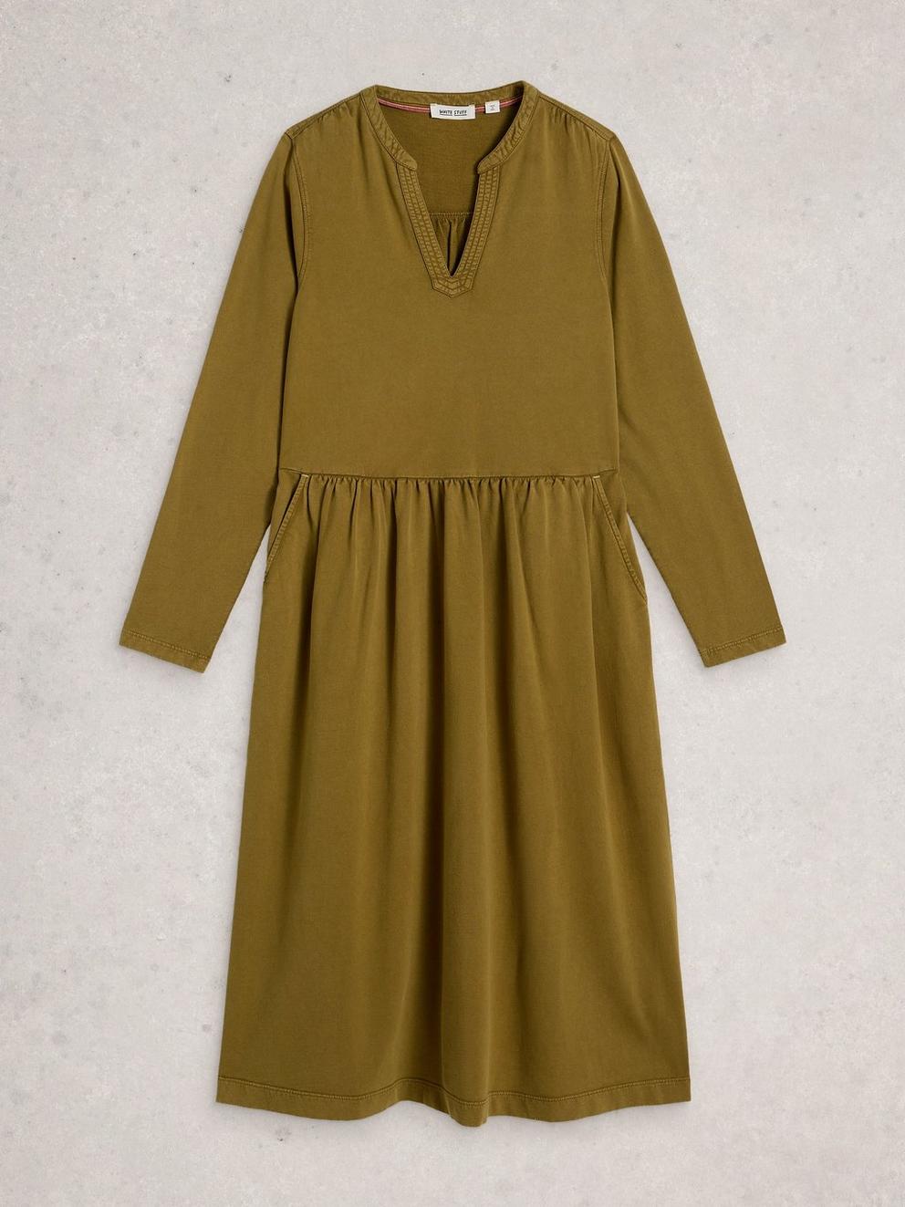 Ray Jersey Notch Neck Midi Dress in KHAKI GRN - FLAT FRONT
