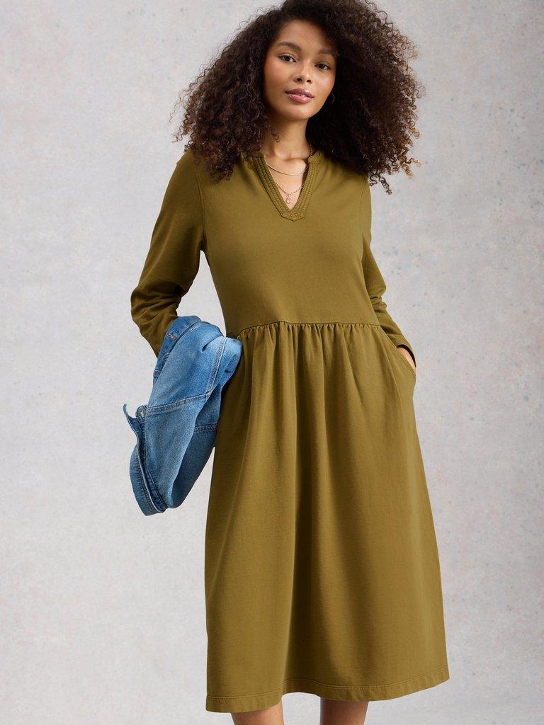Ray Jersey Notch Neck Midi Dress in KHAKI GRN - LIFESTYLE