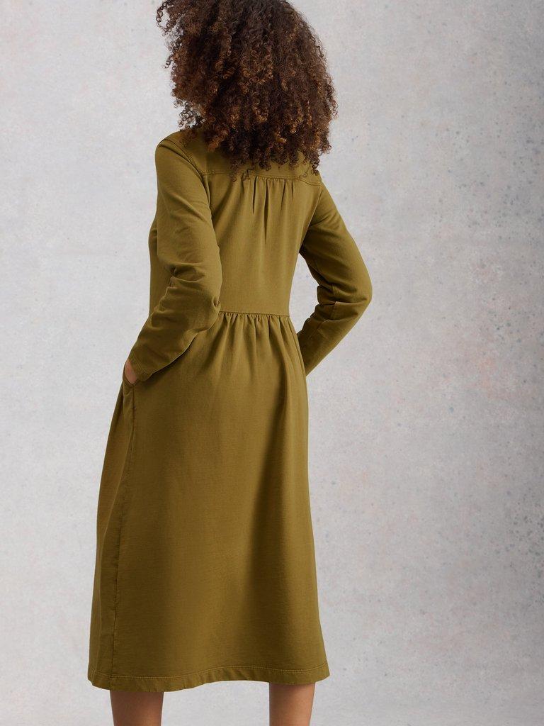 Ray Jersey Notch Neck Midi Dress in KHAKI GRN - MODEL BACK