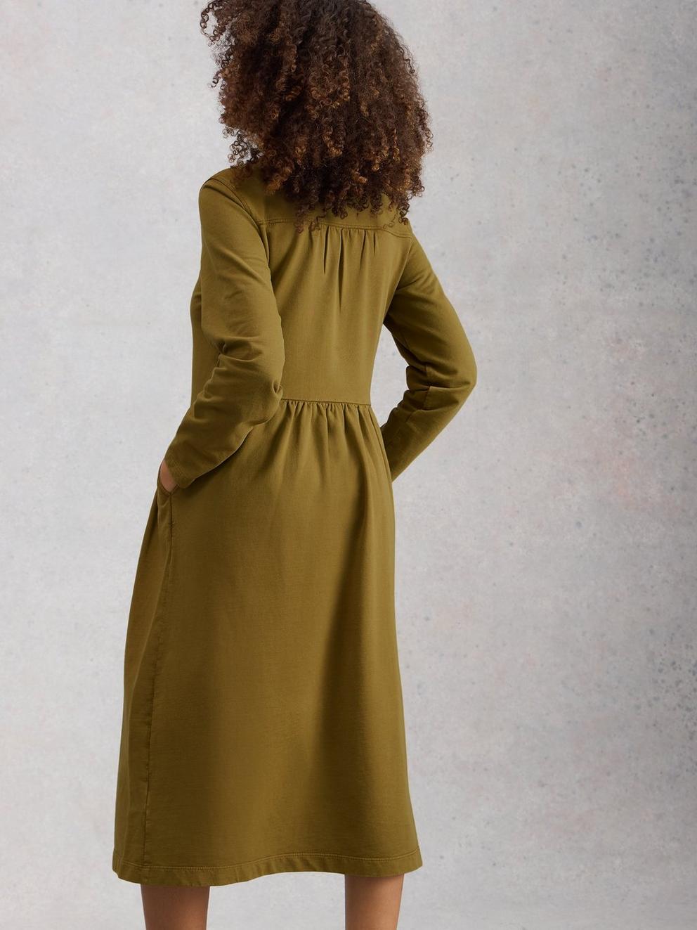 Ray Jersey Notch Neck Midi Dress in KHAKI GRN - MODEL BACK