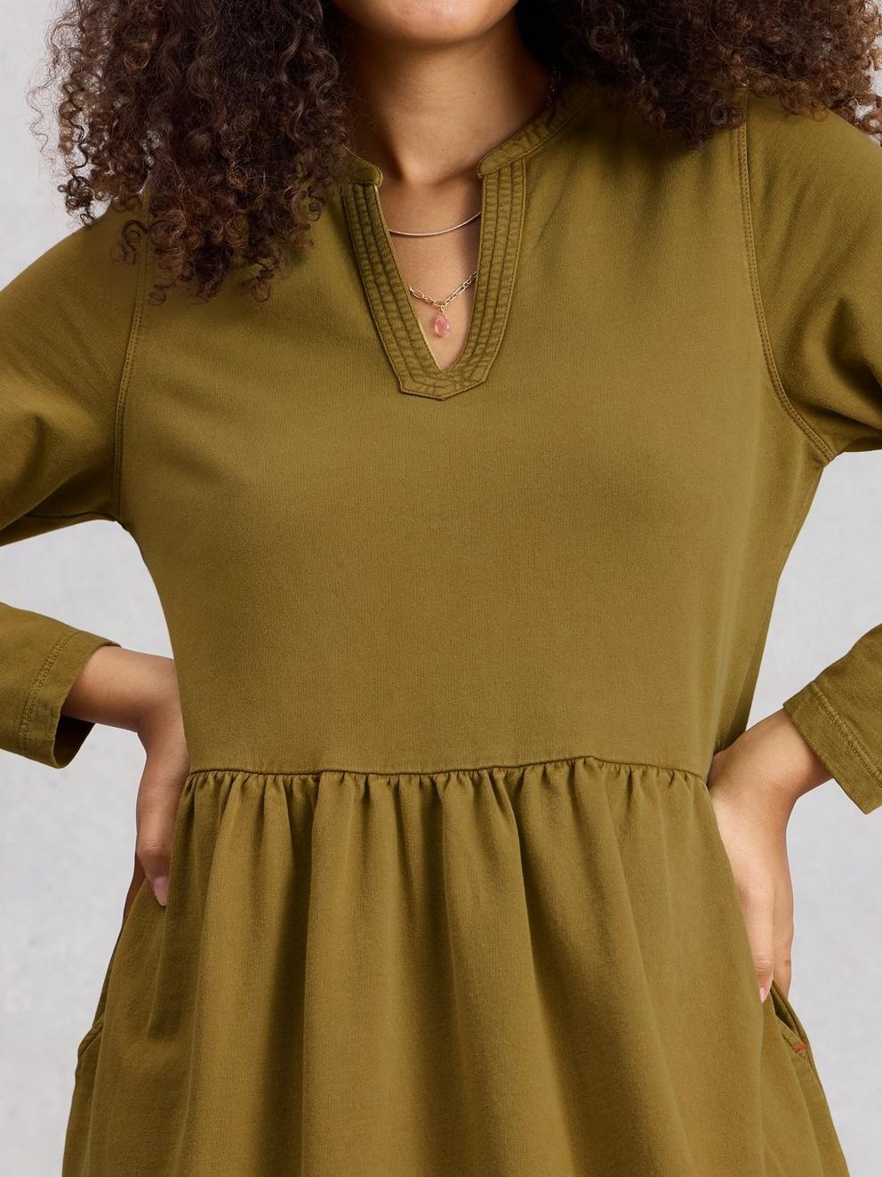Ray Jersey Notch Neck Midi Dress in KHAKI GRN - MODEL DETAIL