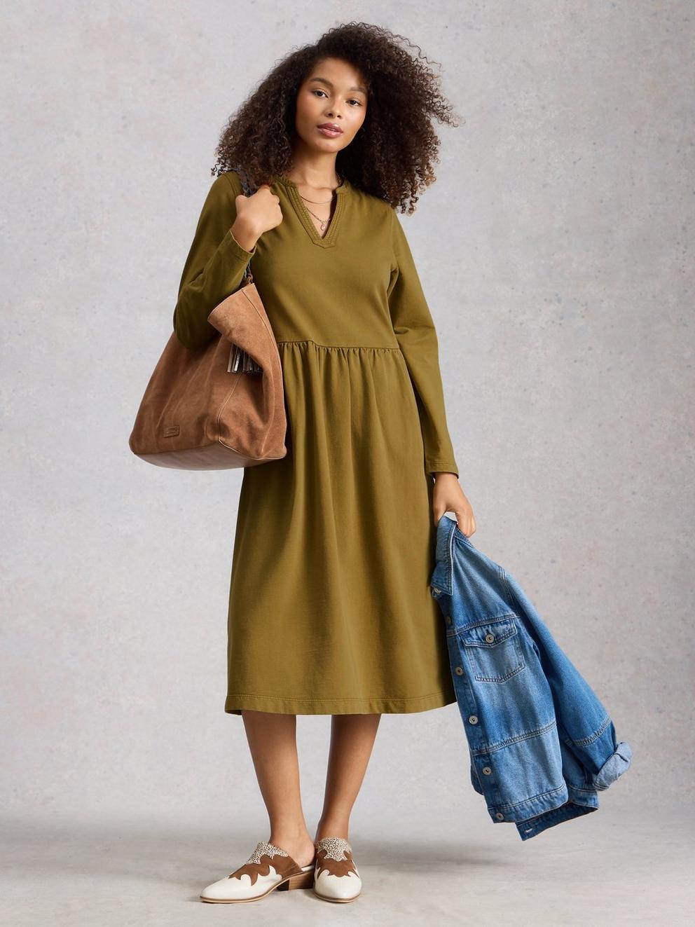 Ray Jersey Notch Neck Midi Dress in KHAKI GRN - MODEL FRONT