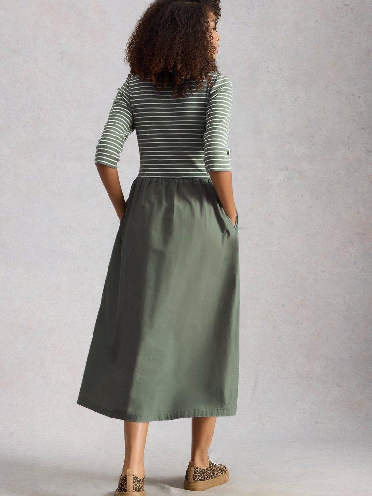 Shay Jersey Mix Dress in KHAKI GRN - MODEL BACK