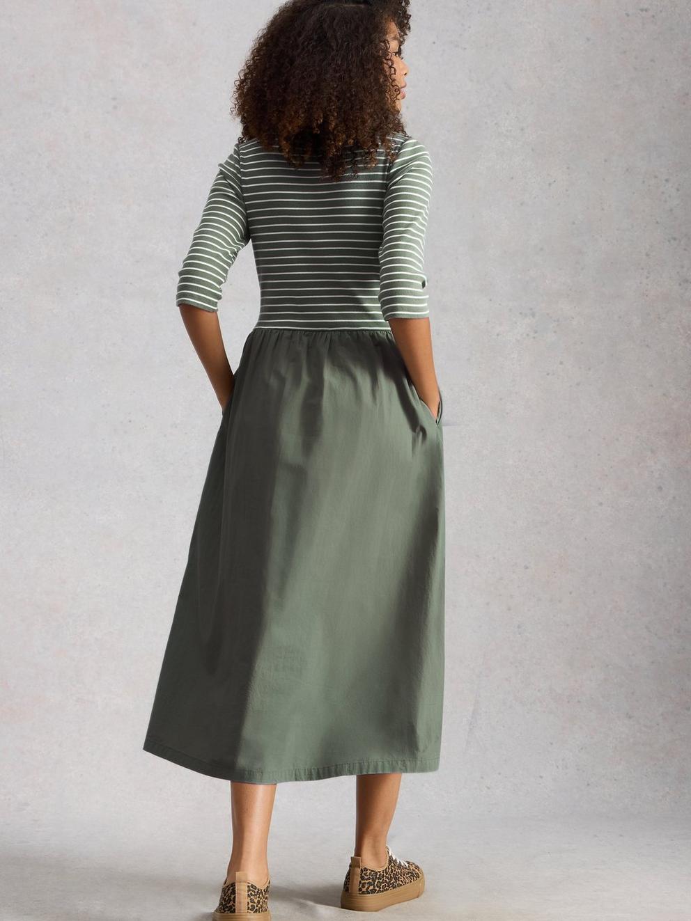 Shay Jersey Mix Dress in KHAKI GRN - MODEL BACK