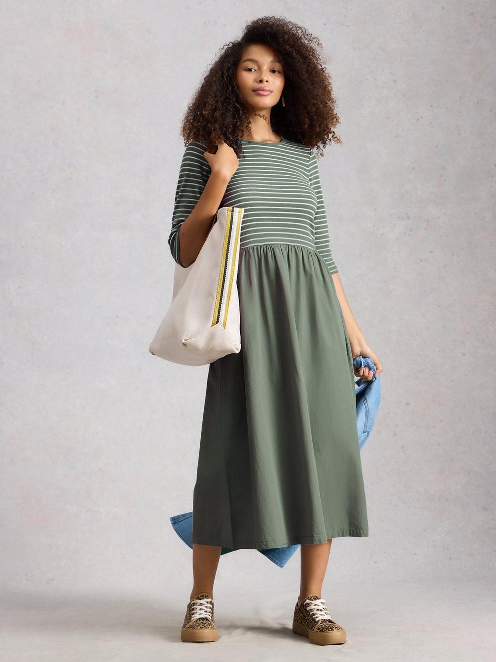 Shay Jersey Mix Dress in KHAKI GRN - MODEL FRONT