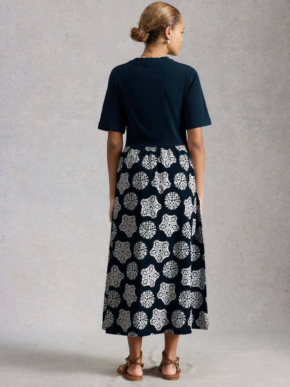 Shay Jersey Mix Dress in NAVY MULTI - MODEL BACK