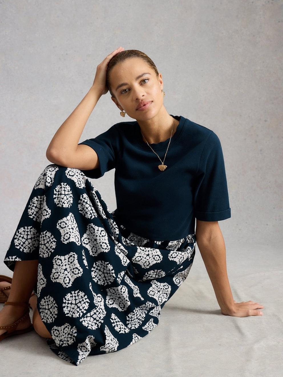 Shay Jersey Mix Dress in NAVY MULTI - MODEL FRONT