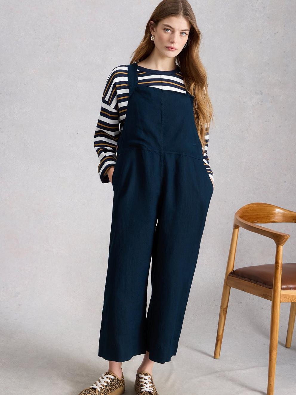 Vivian Linen Relaxed Dungaree in DARK NAVY - LIFESTYLE