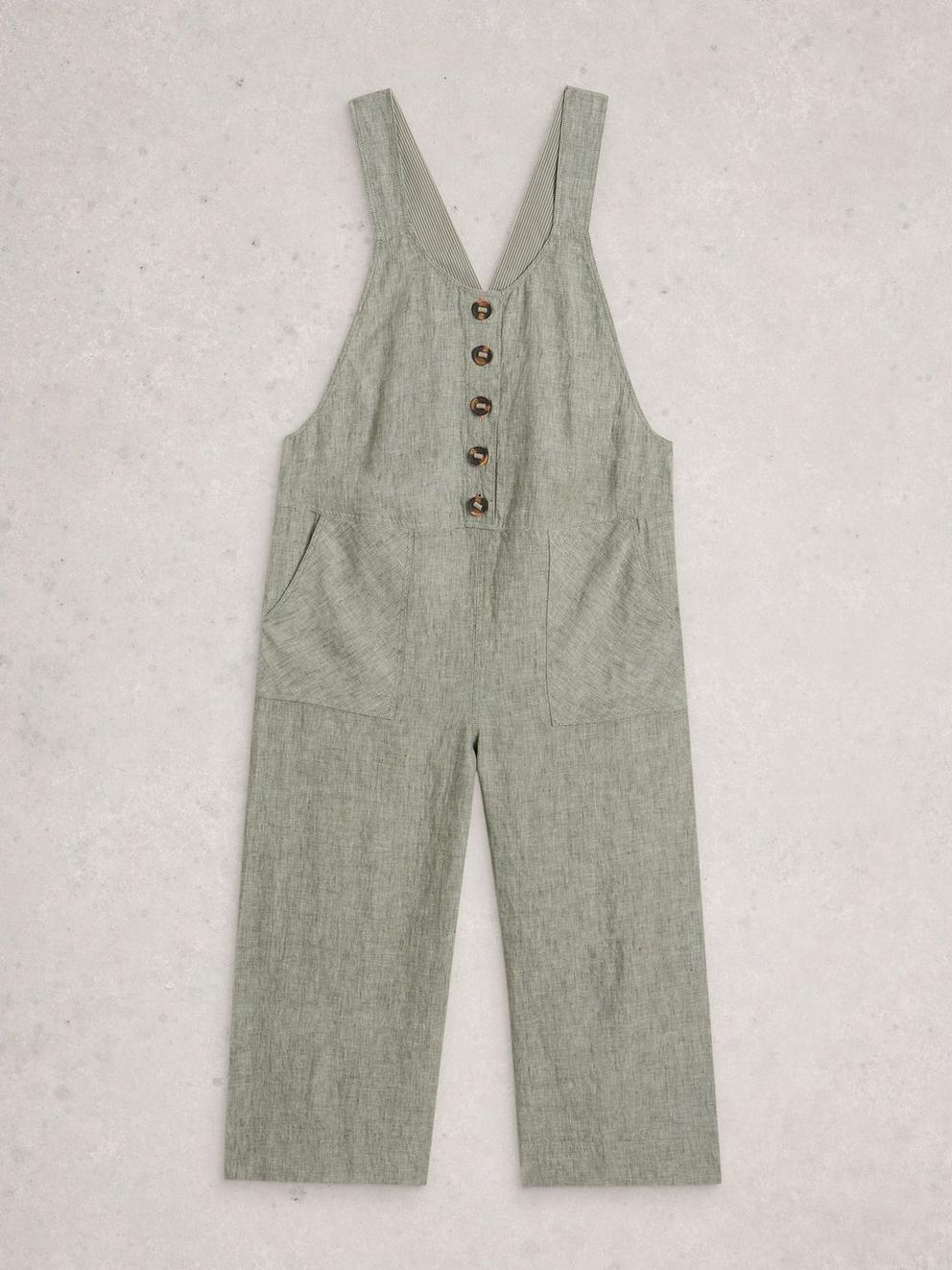 Viola Linen Sleeveless Dungaree in MID GREEN - FLAT FRONT