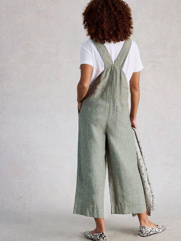 Viola Linen Sleeveless Dungaree in MID GREEN - MODEL BACK