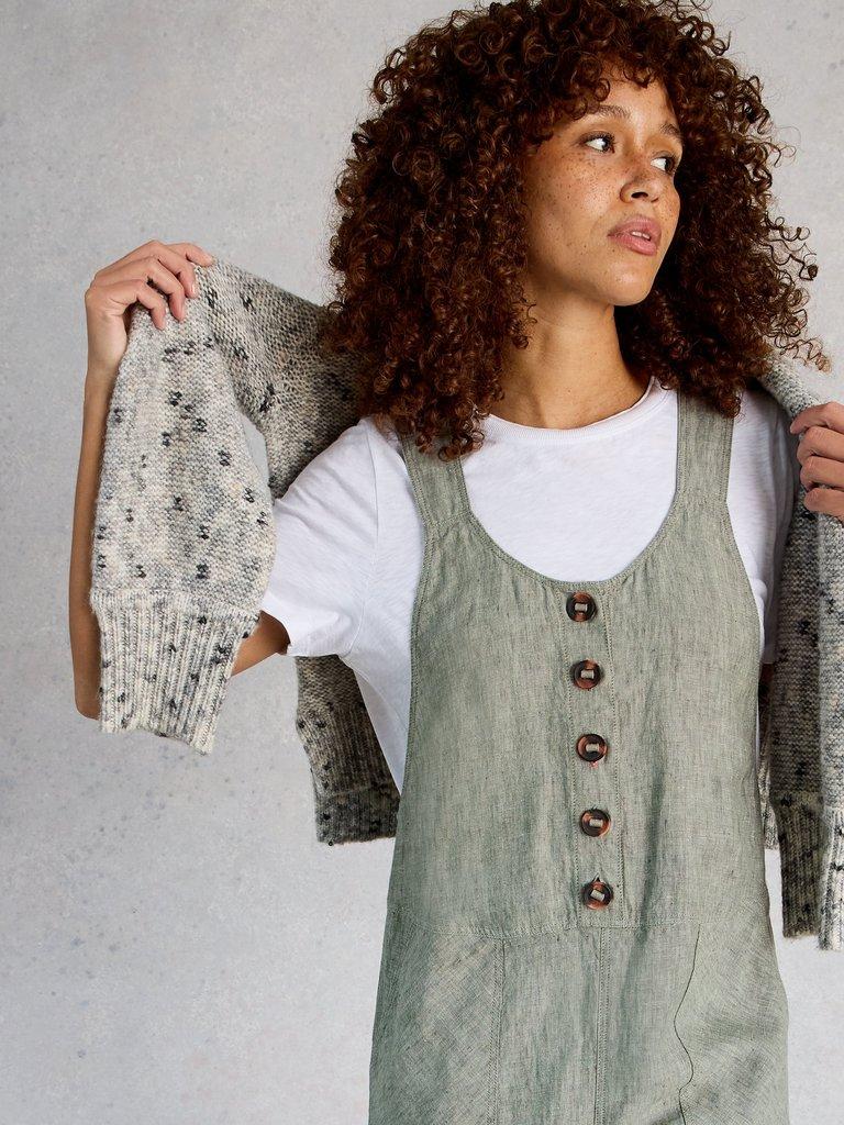 Viola Linen Sleeveless Dungaree in MID GREEN - MODEL DETAIL