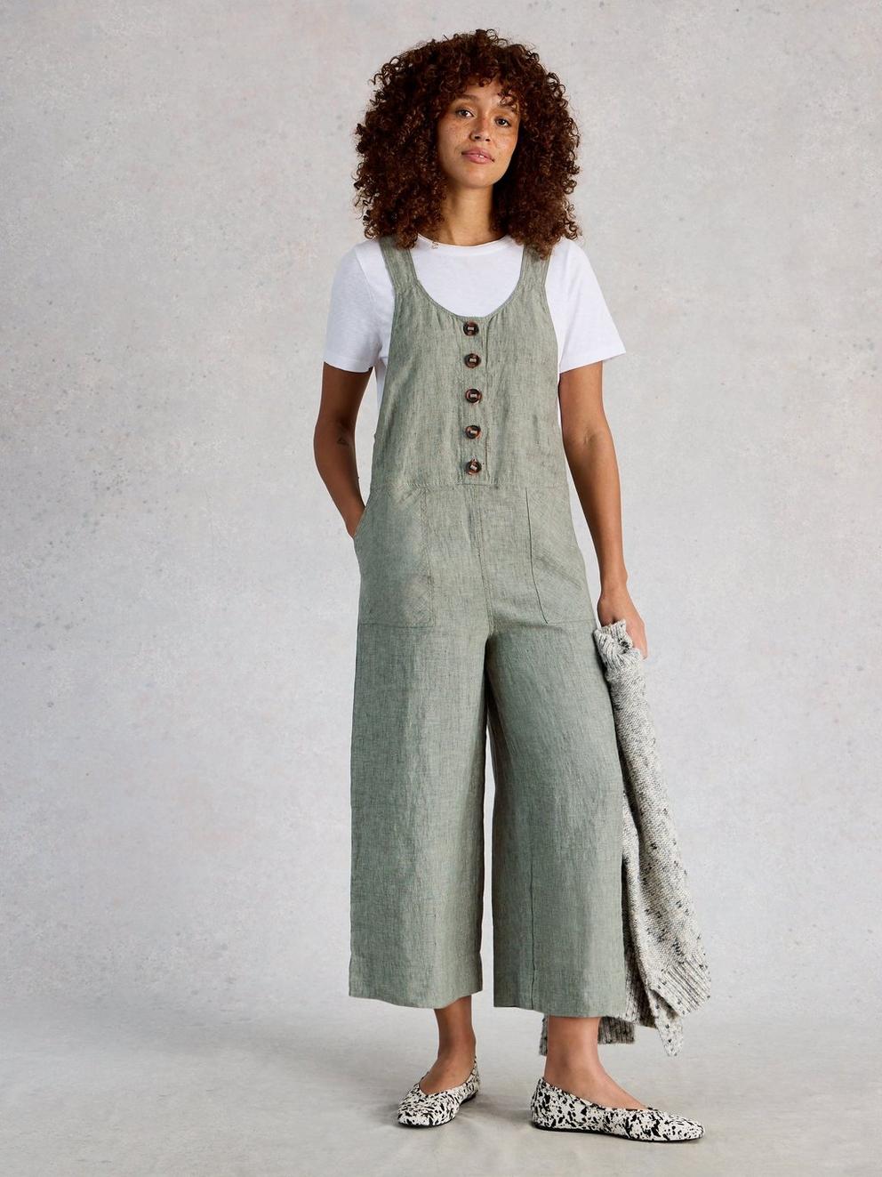 Viola Linen Sleeveless Dungaree in MID GREEN - MODEL FRONT