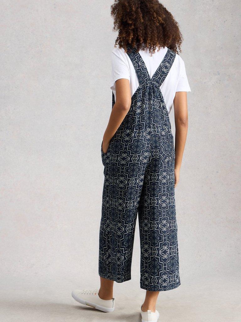 Viola Linen Sleeveless Dungaree in NAVY PR - MODEL BACK