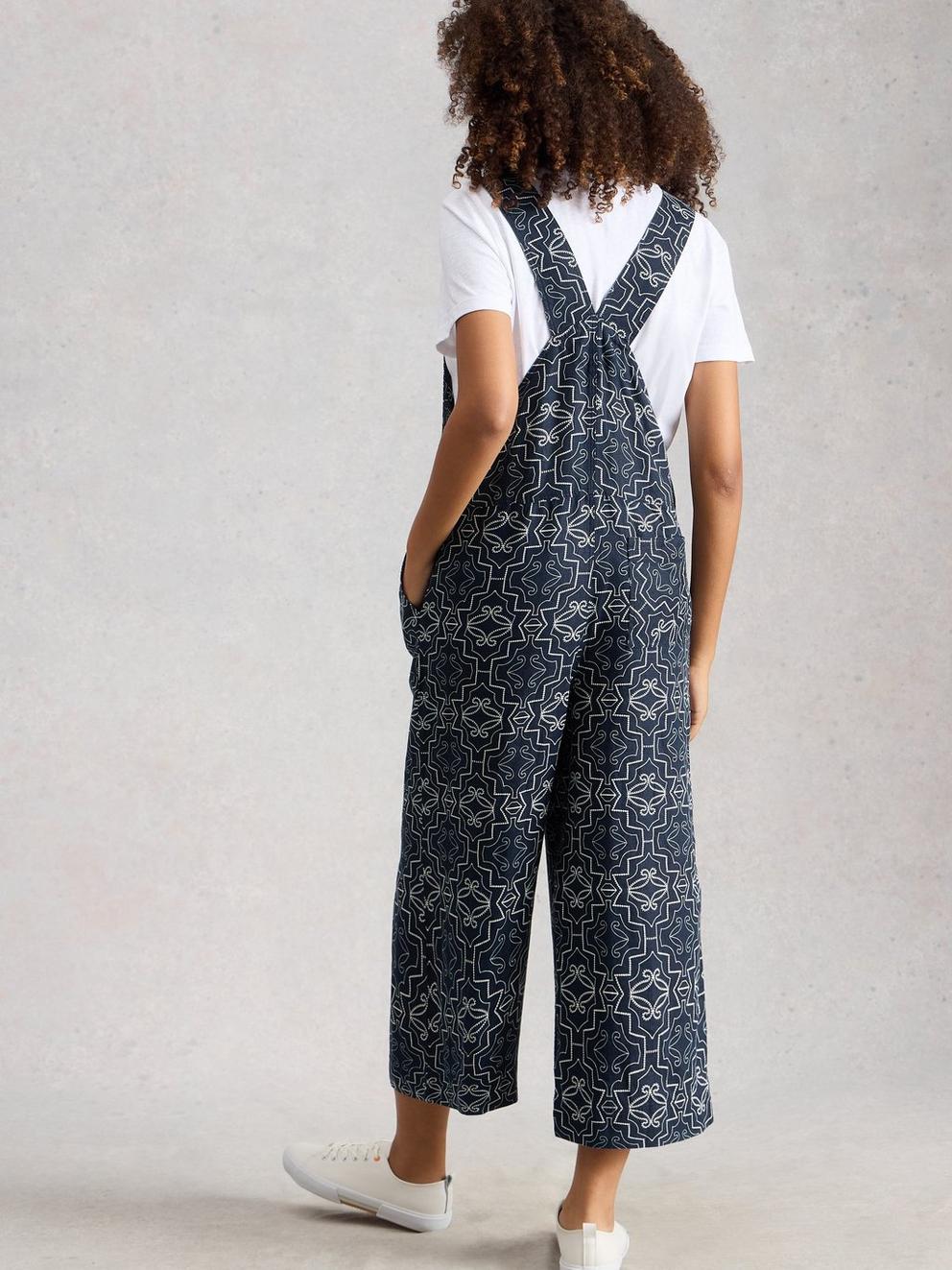 Viola Linen Sleeveless Dungaree in NAVY PR - MODEL BACK