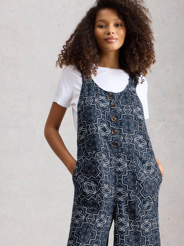 Viola Linen Sleeveless Dungaree in NAVY PR - MODEL DETAIL