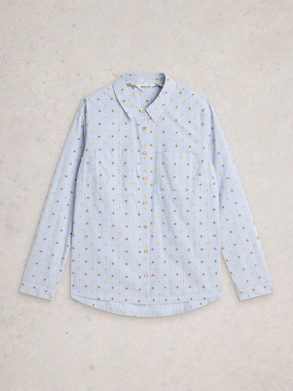 Sophie Collared Organic Cotton Long Sleeve Shirt in BLUE MLT - FLAT FRONT