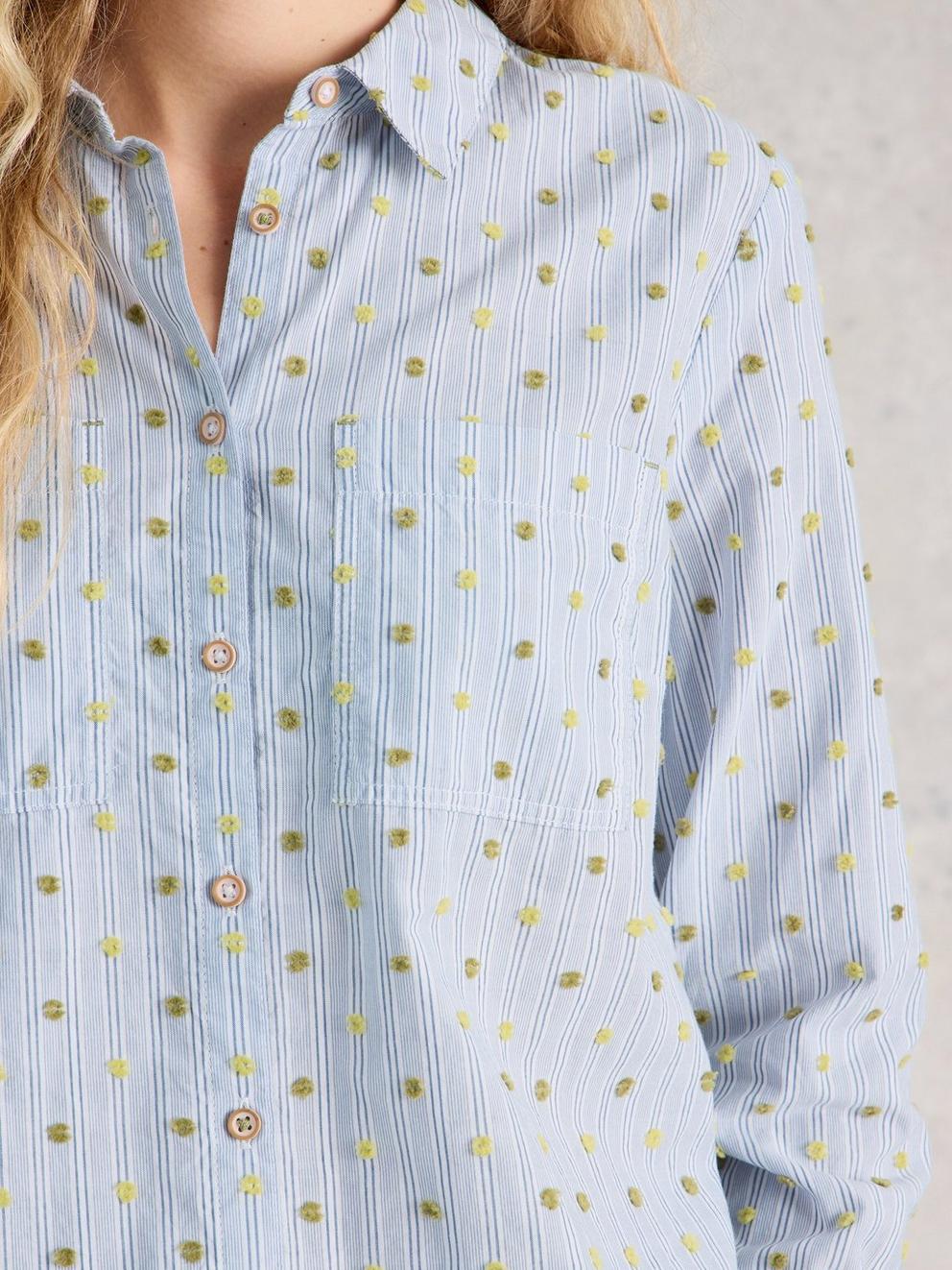 Sophie Collared Organic Cotton Long Sleeve Shirt in BLUE MLT - MODEL DETAIL
