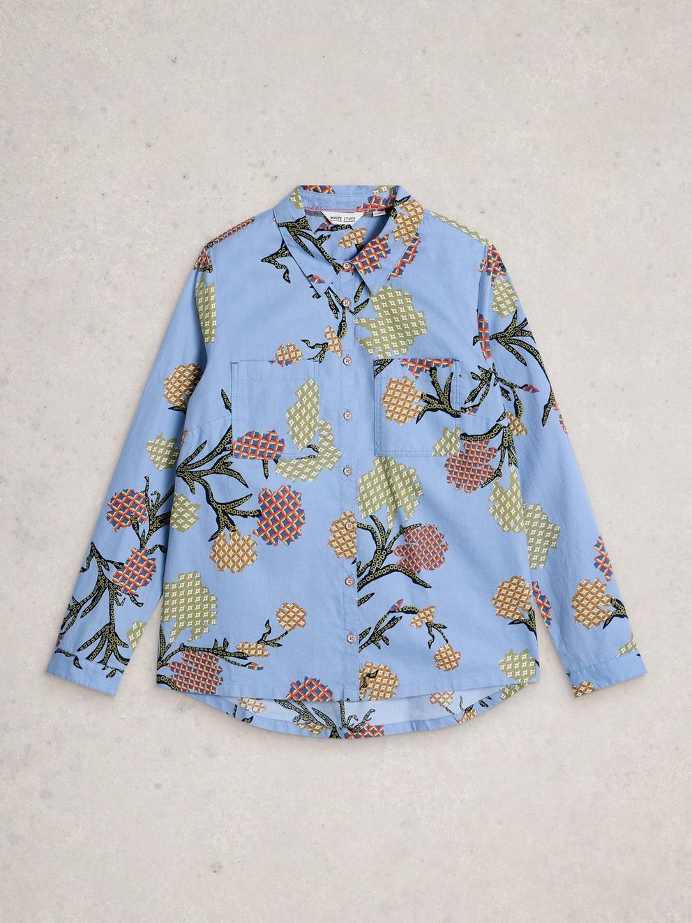 Sophie Collared Organic Cotton Long Sleeve Shirt in BLUE PR - FLAT FRONT