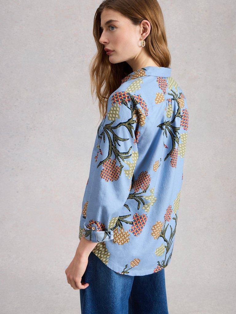 Sophie Collared Organic Cotton Long Sleeve Shirt in BLUE PR - MODEL BACK