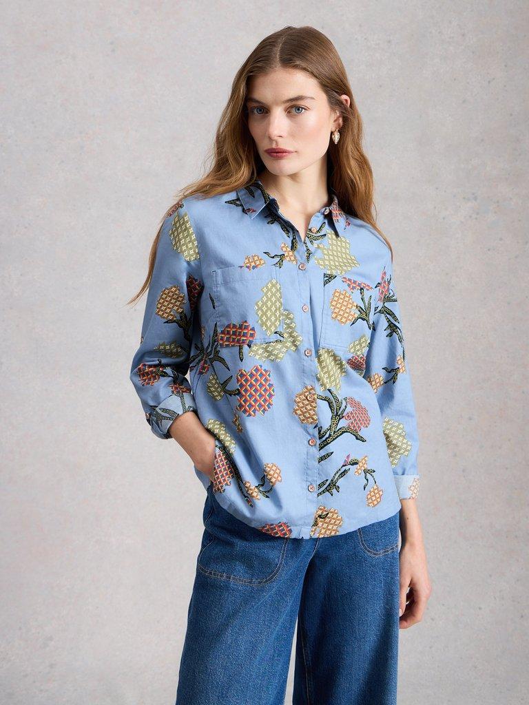 Sophie Collared Organic Cotton Long Sleeve Shirt in BLUE PR - MODEL DETAIL