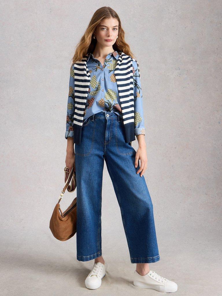 Sophie Collared Organic Cotton Long Sleeve Shirt in BLUE PR - MODEL FRONT