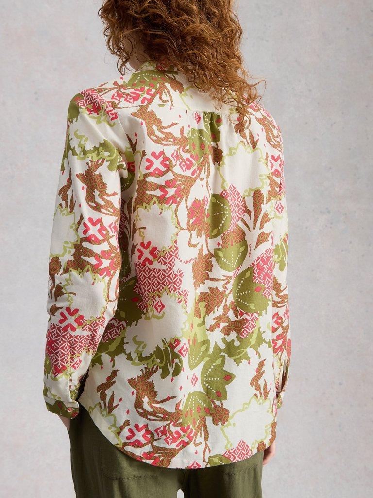 Sophie Collared Organic Cotton Long Sleeve Shirt in GREEN PR - MODEL BACK