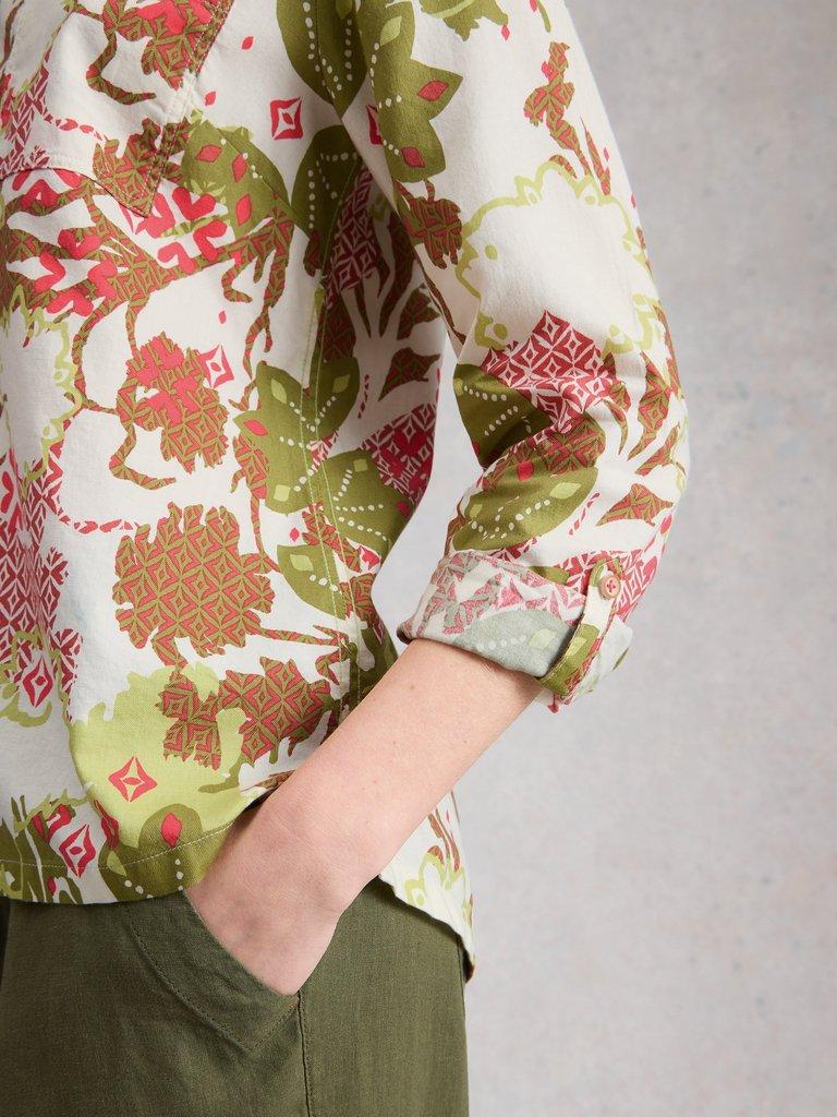 Sophie Collared Organic Cotton Long Sleeve Shirt in GREEN PR - MODEL DETAIL