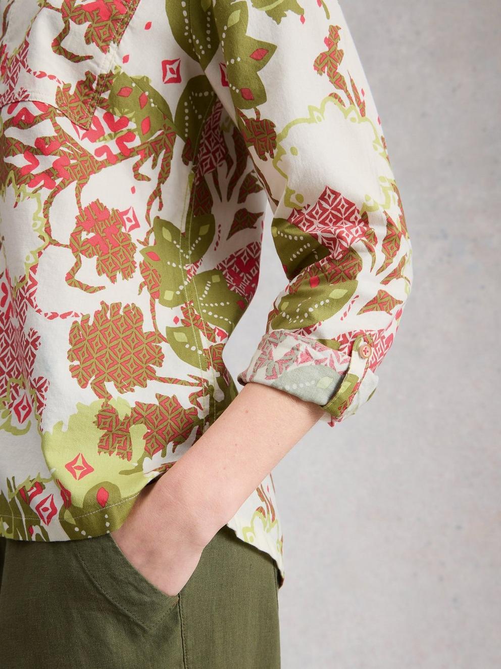 Sophie Collared Organic Cotton Long Sleeve Shirt in GREEN PR - MODEL DETAIL