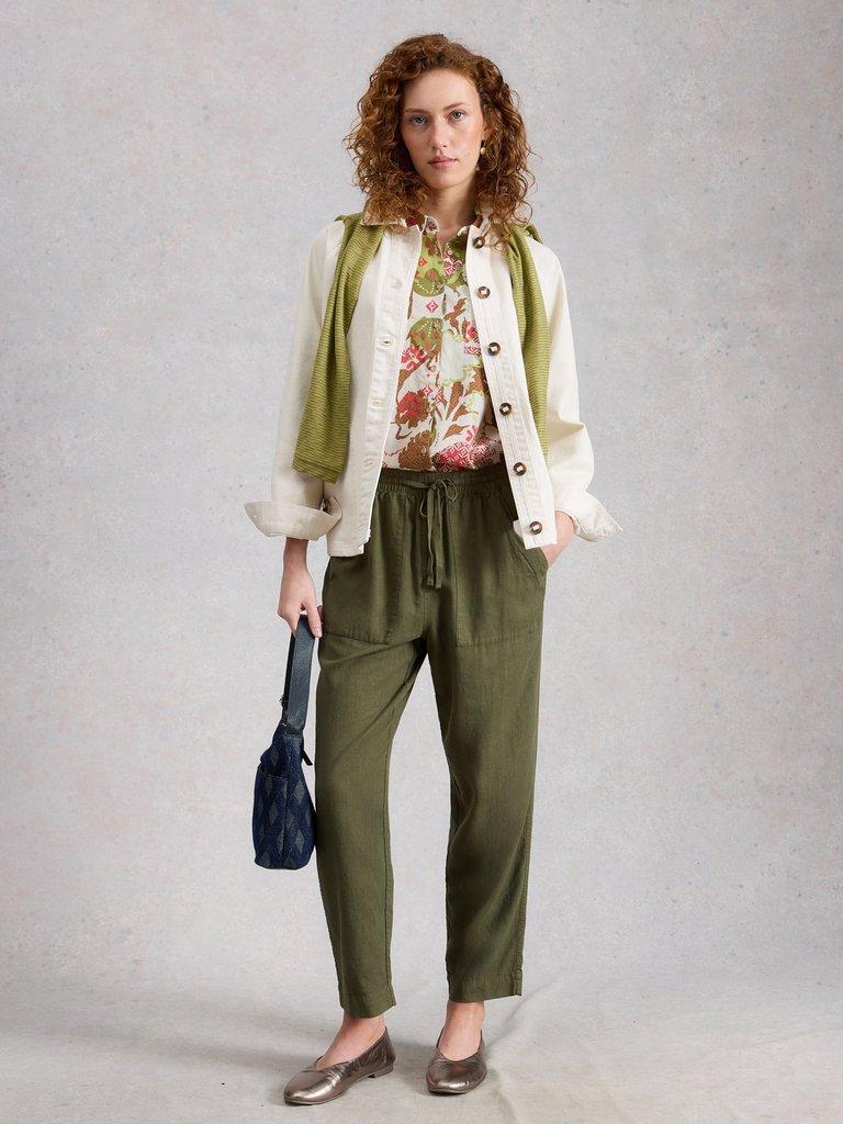 Sophie Collared Organic Cotton Long Sleeve Shirt in GREEN PR - MODEL FRONT