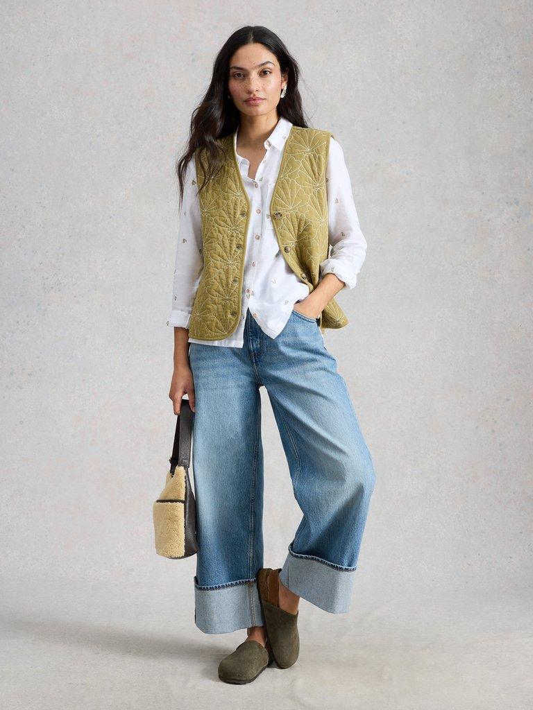 Sophie Collared Organic Cotton Long Sleeve Shirt in IVORY MLT - MODEL FRONT