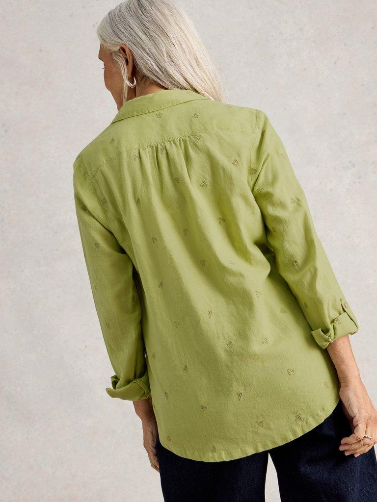 Sophie Collared Organic Cotton Long Sleeve Shirt in LGT GREEN - MODEL BACK