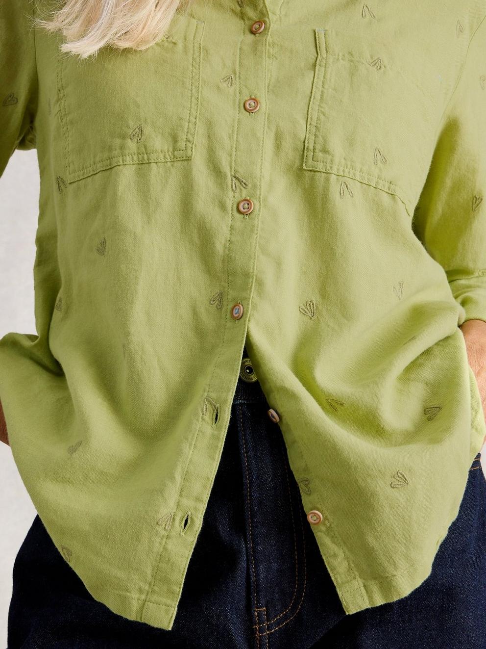 Sophie Collared Organic Cotton Long Sleeve Shirt in LGT GREEN - MODEL DETAIL
