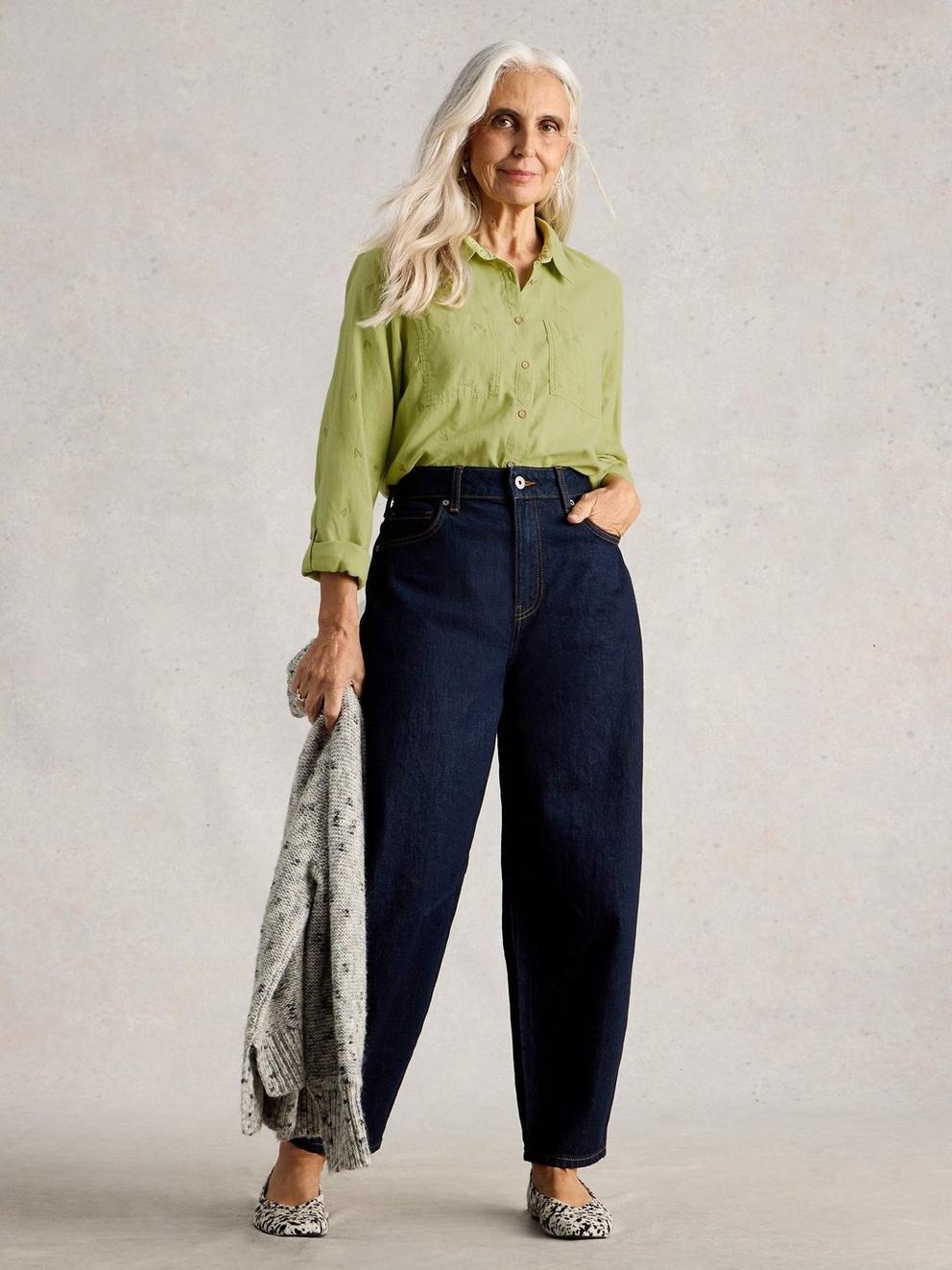 Sophie Collared Organic Cotton Long Sleeve Shirt in LGT GREEN - MODEL FRONT