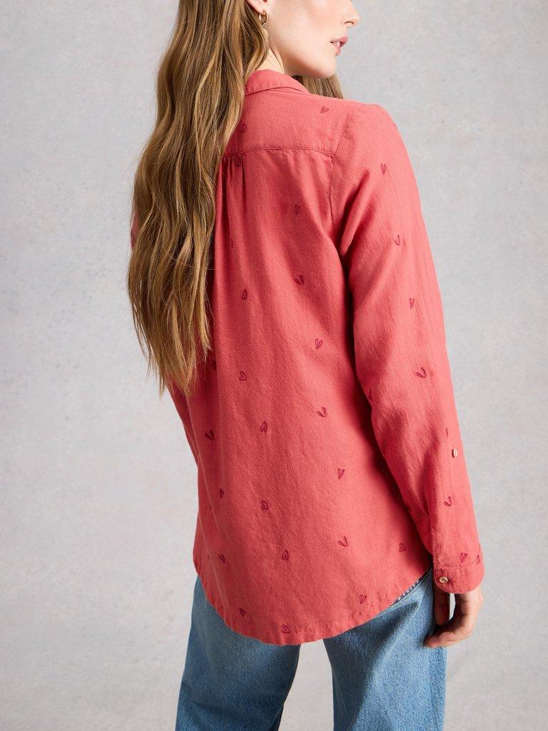 Sophie Collared Organic Cotton Long Sleeve Shirt in MID PINK - MODEL BACK