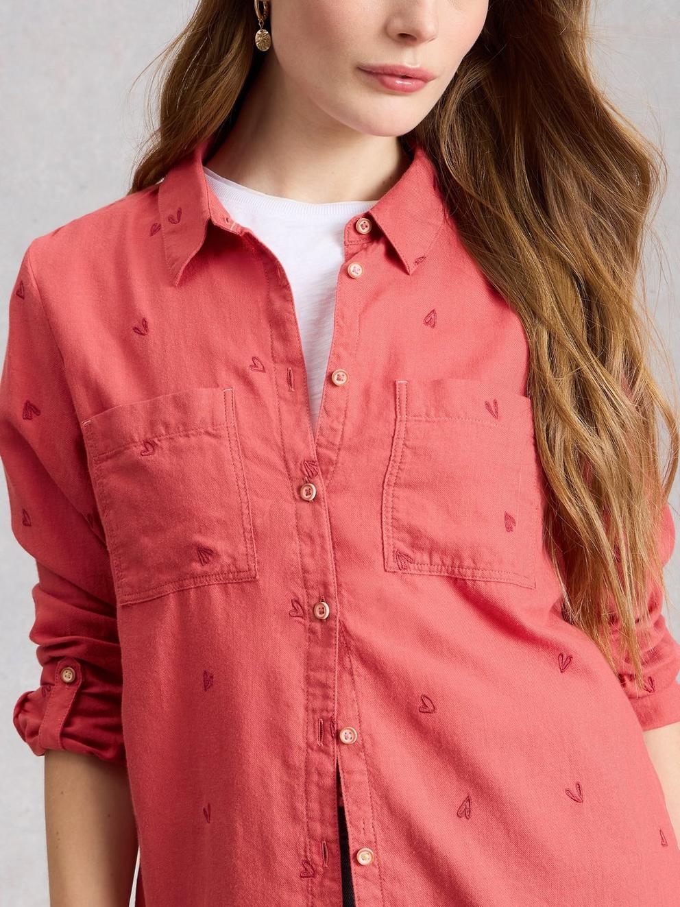 Sophie Collared Organic Cotton Long Sleeve Shirt in MID PINK - MODEL DETAIL