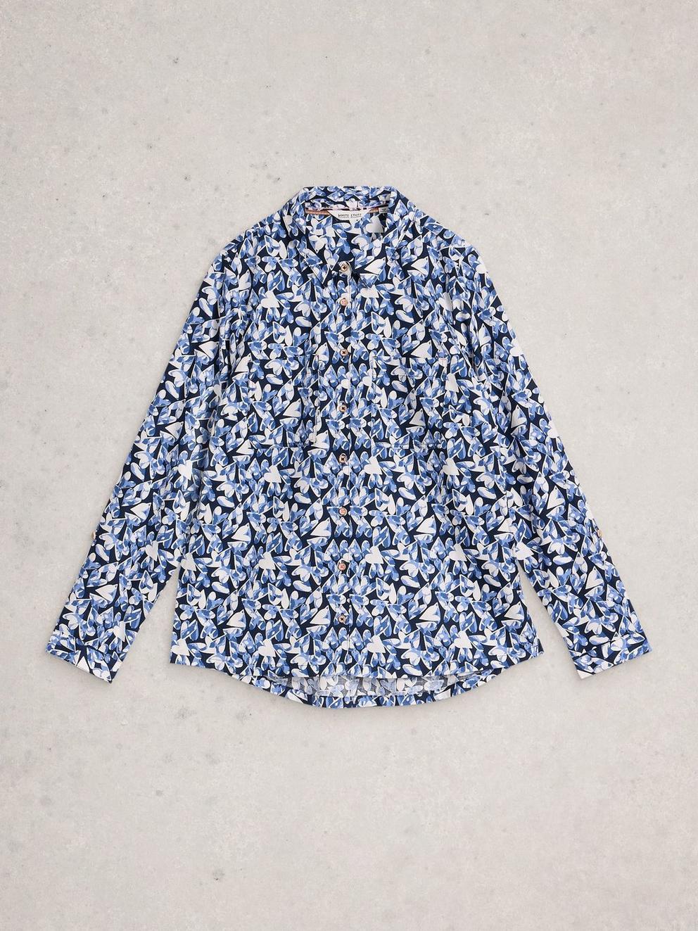 Sophie Collared Organic Cotton Long Sleeve Shirt in NAVY PR - FLAT FRONT