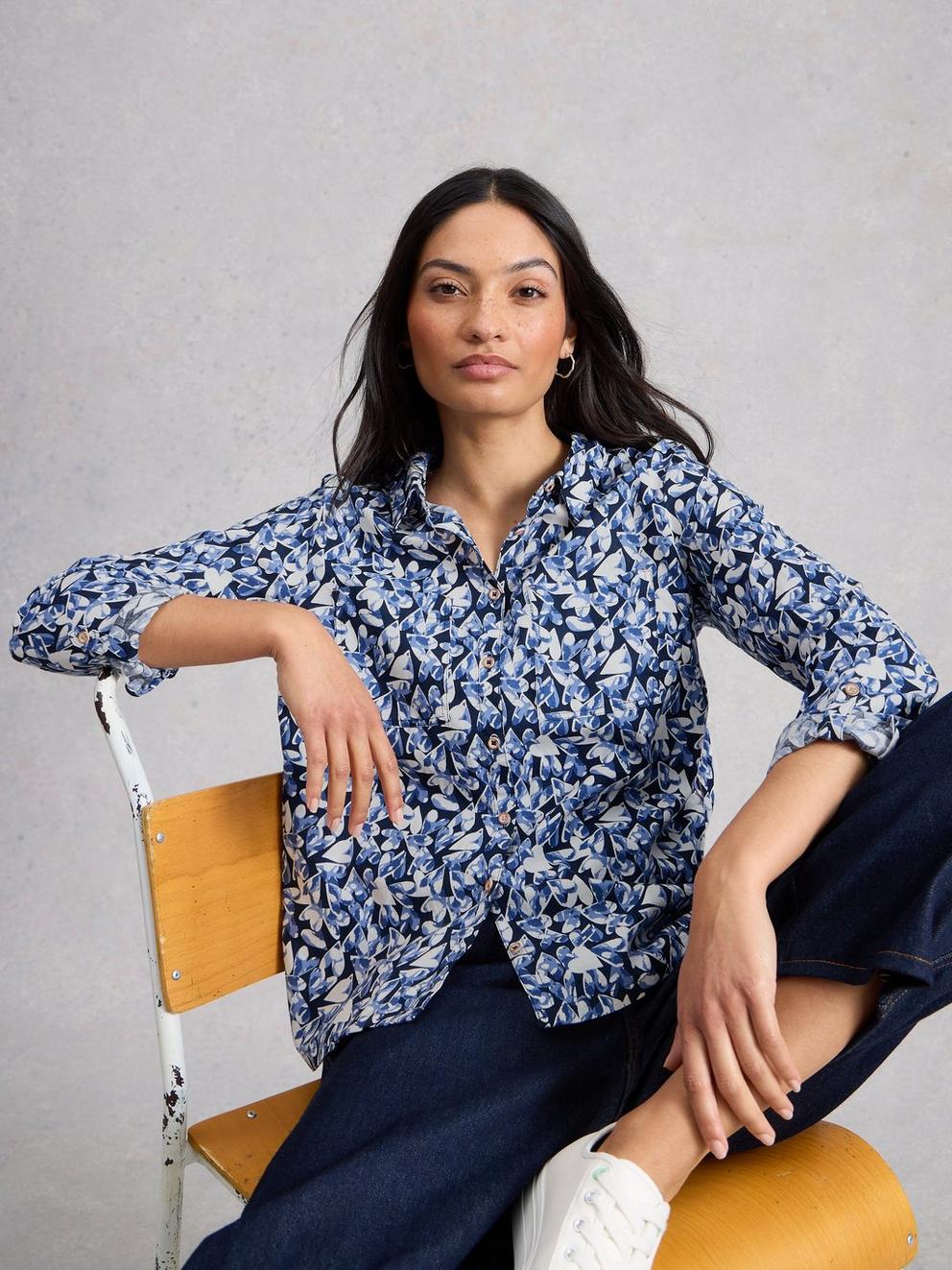 Sophie Collared Organic Cotton Long Sleeve Shirt in NAVY PR - LIFESTYLE