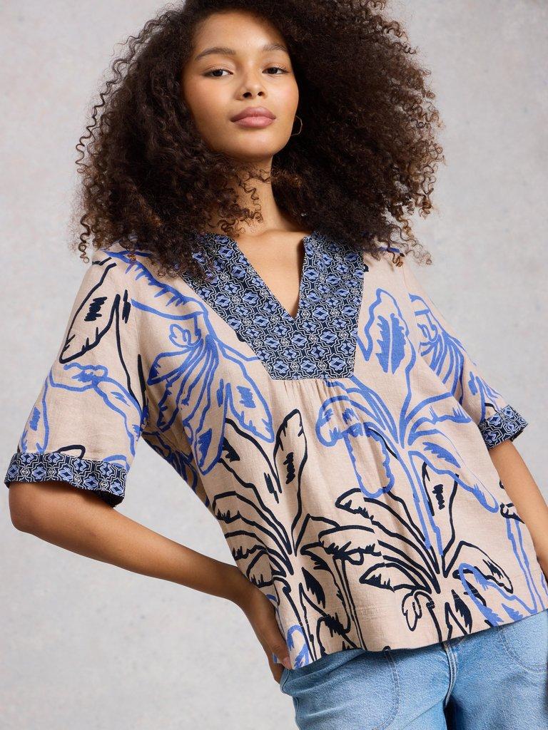 Ash Linen Blend Notch Neck Top in NAT MLT - LIFESTYLE