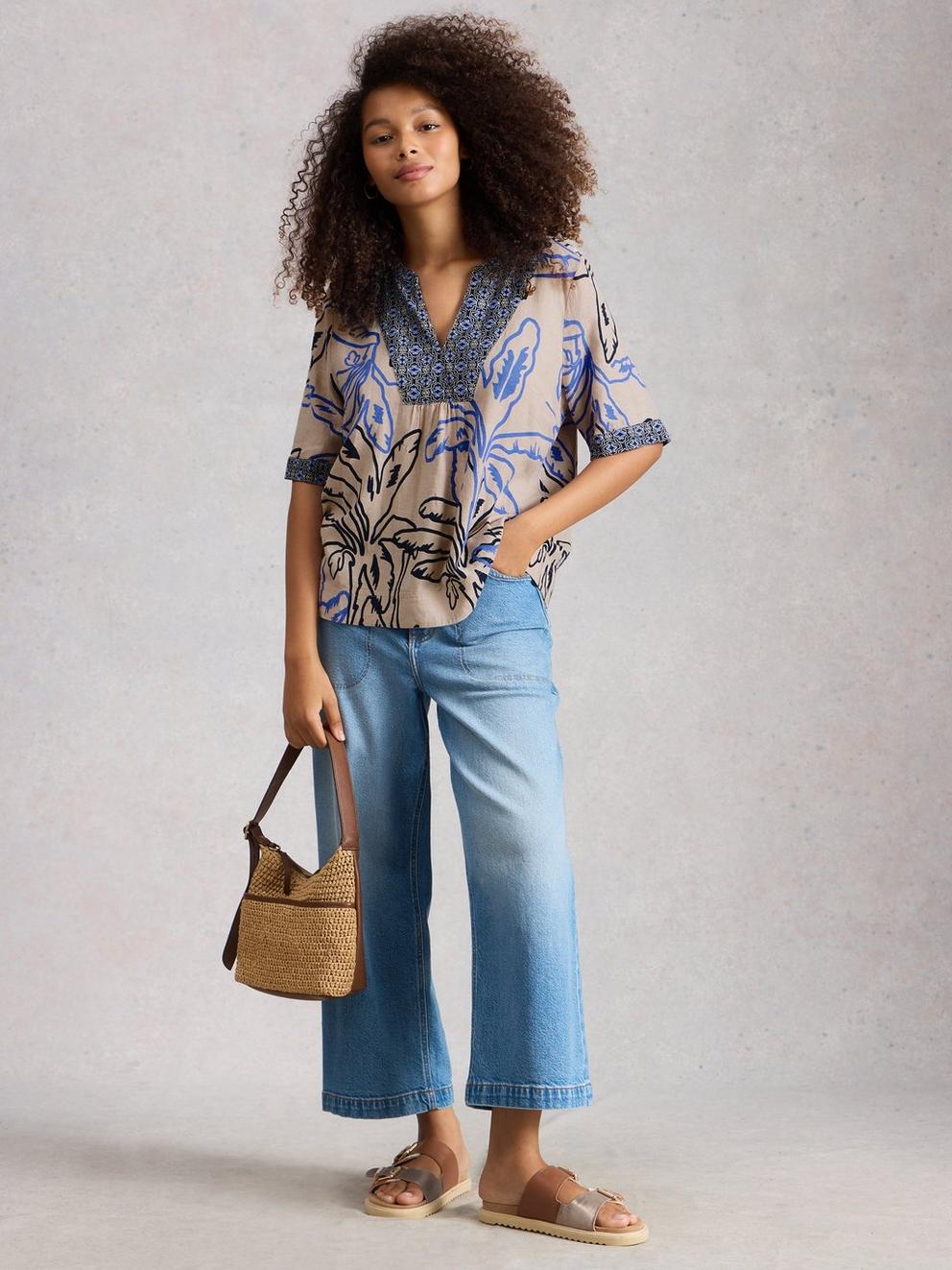 Ash Linen Blend Notch Neck Top in NAT MLT - MODEL FRONT