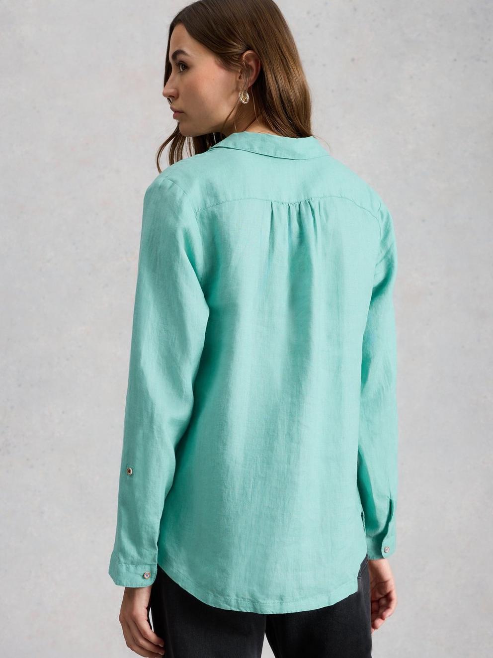 Sophie Linen Shirt in MID TEAL - MODEL BACK