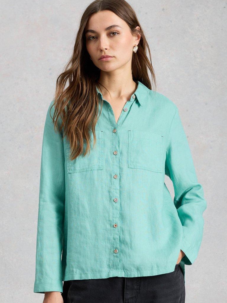 Sophie Linen Shirt in MID TEAL - MODEL DETAIL