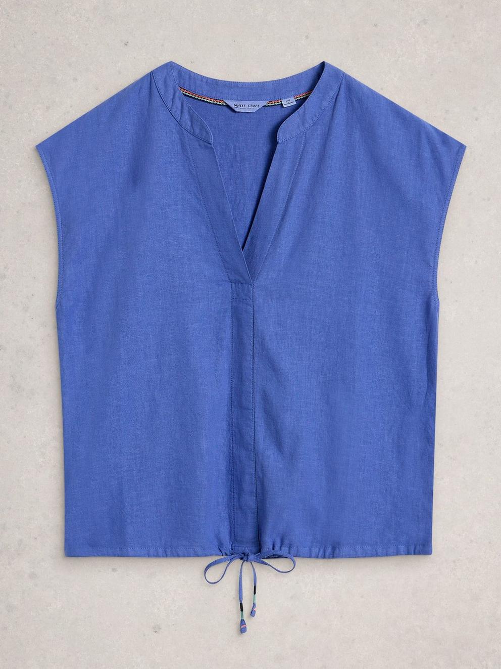 Nicole Linen Blend Notch Neck Top in BRT BLUE - FLAT FRONT