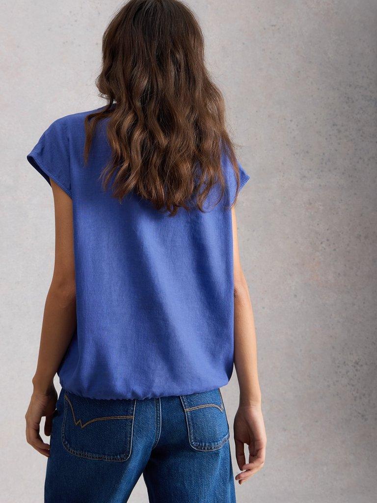 Nicole Linen Blend Notch Neck Top in BRT BLUE - MODEL BACK