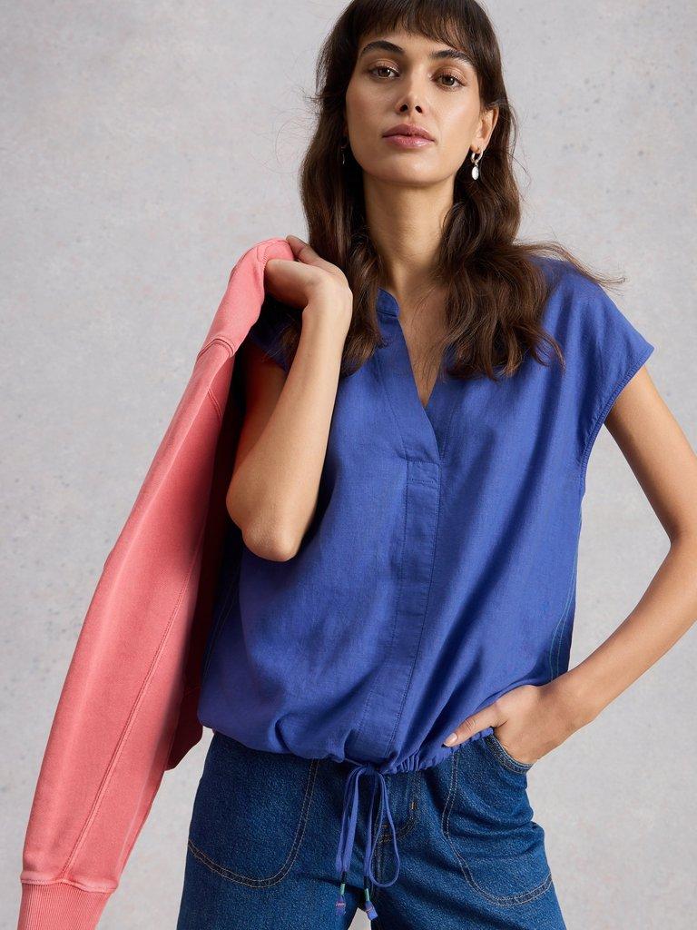 Nicole Linen Blend Notch Neck Top in BRT BLUE - MODEL DETAIL