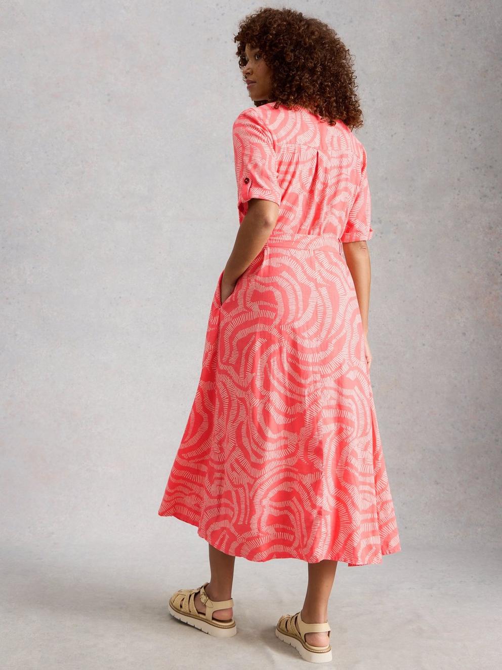 Tiff Linen Blend Shirt Midi Dress in CORAL MLT - MODEL BACK