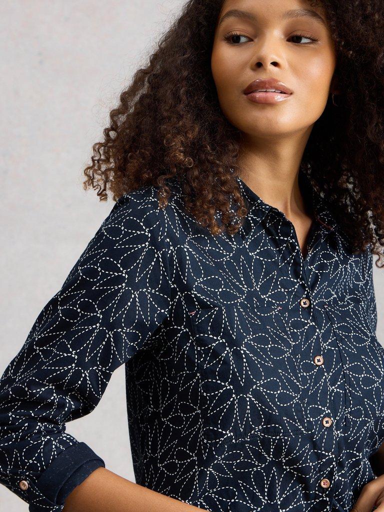 Sophie Longline Collared Shirt in NAVY PR - MODEL DETAIL