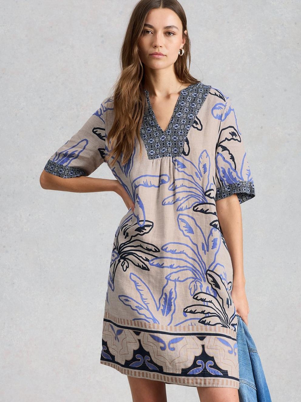 Ash Notch Neck Linen Dress in IVORY MLT - LIFESTYLE