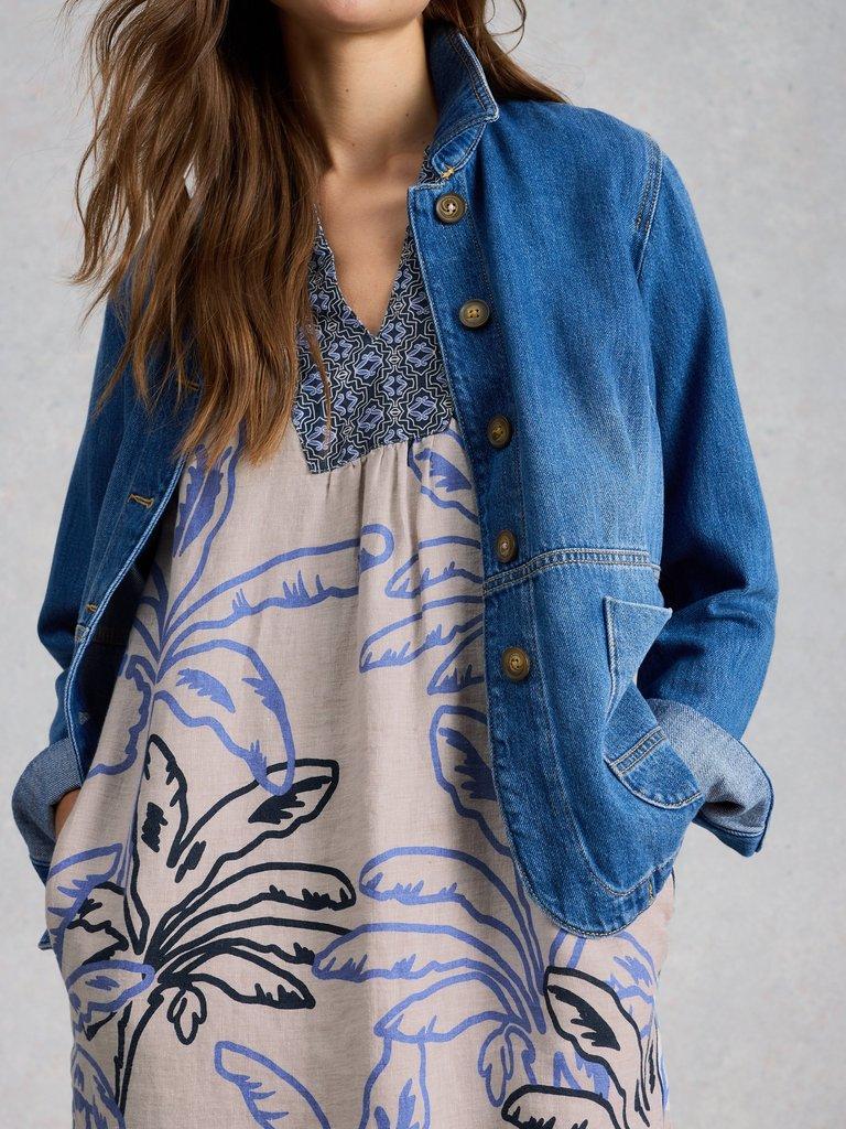 Ash Notch Neck Linen Dress in IVORY MLT - MODEL DETAIL