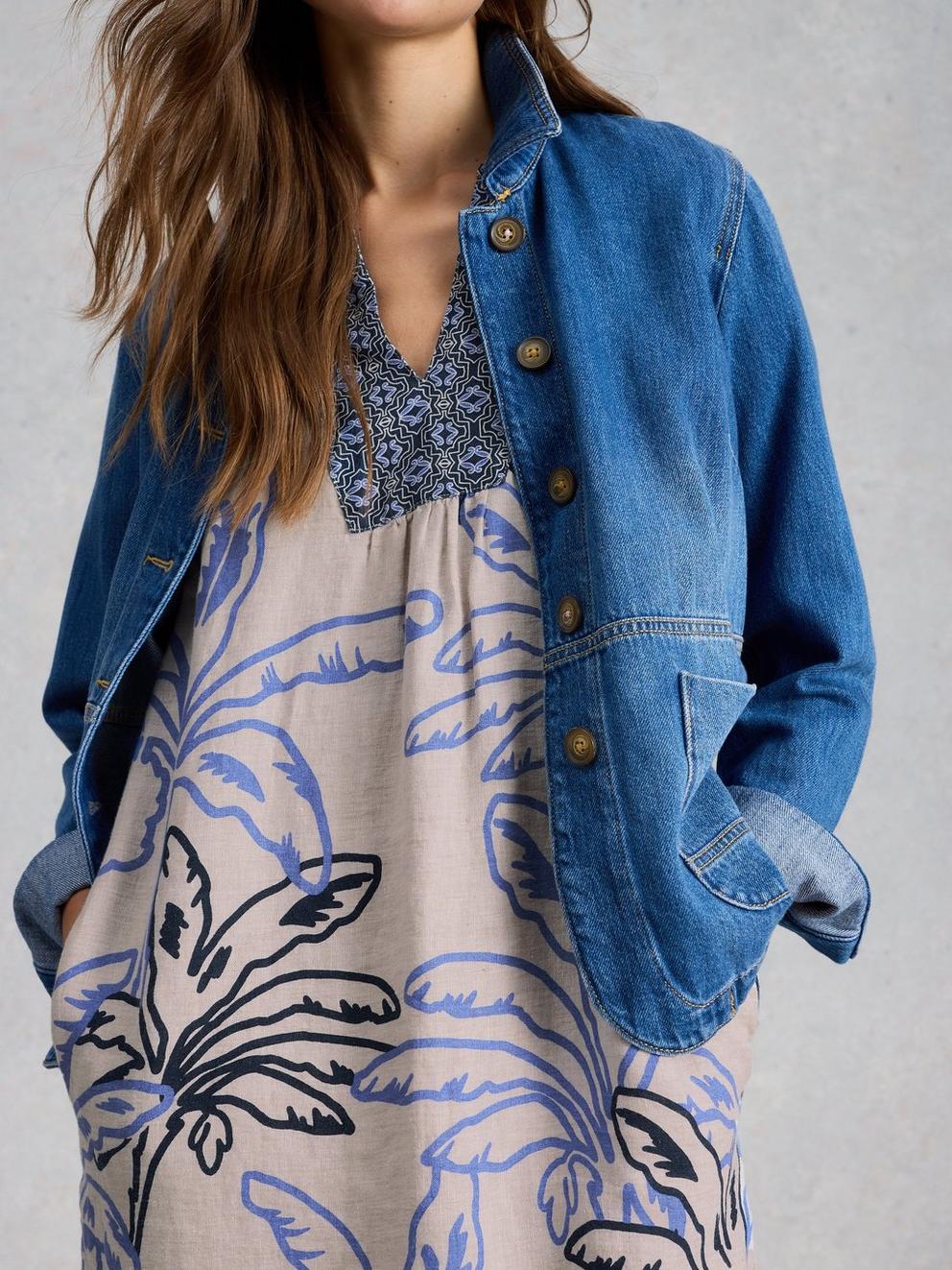 Ash Notch Neck Linen Dress in IVORY MLT - MODEL DETAIL