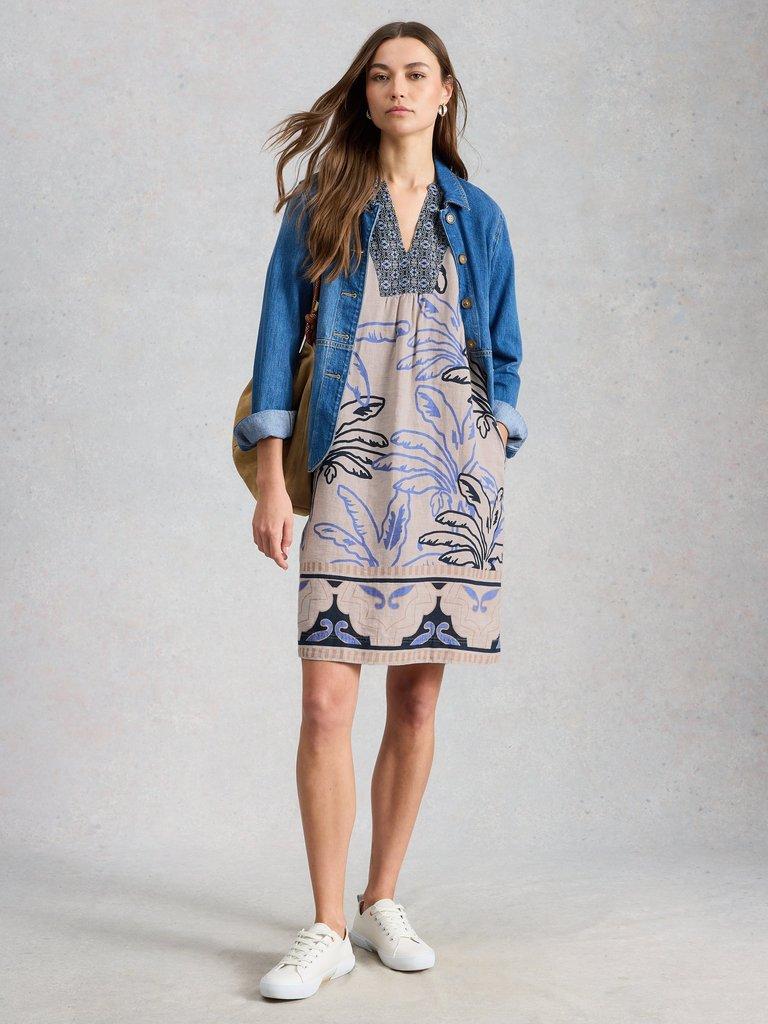 Ash Notch Neck Linen Dress in IVORY MLT - MODEL FRONT